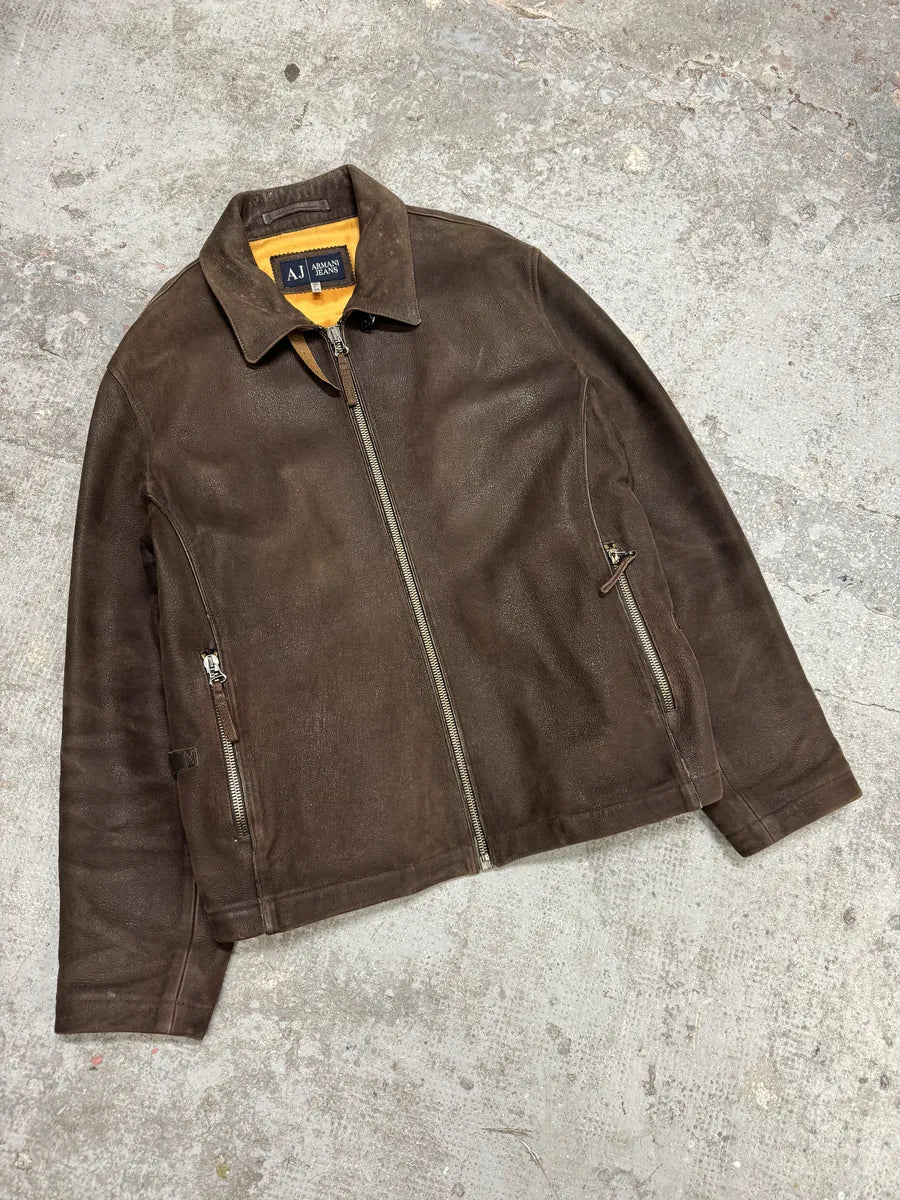 2000s Armani Brown Padded Faded Pure Leather Jacket zhitmal 4