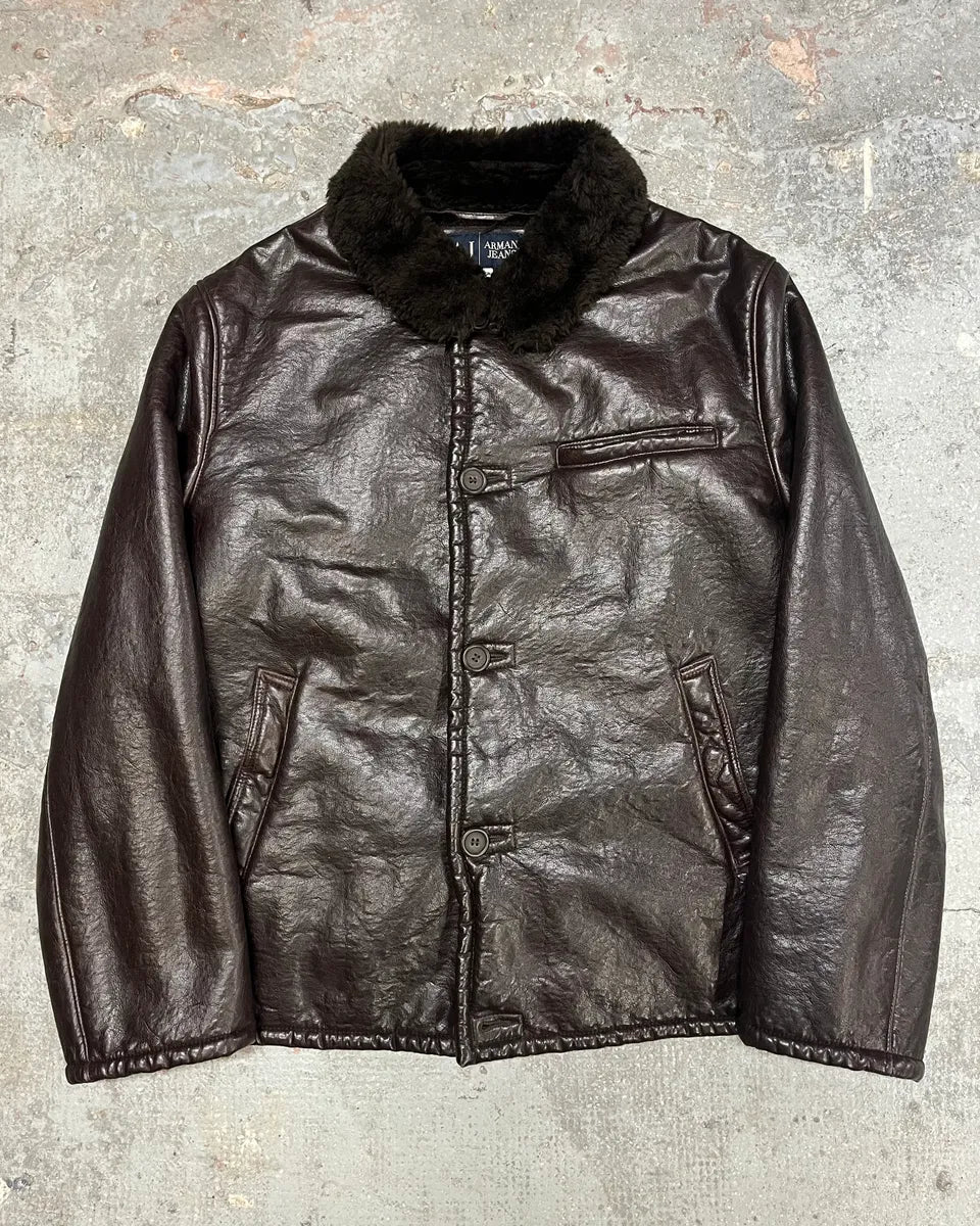 2000s Armani Brown Shearling Leather Jacket (L) 0