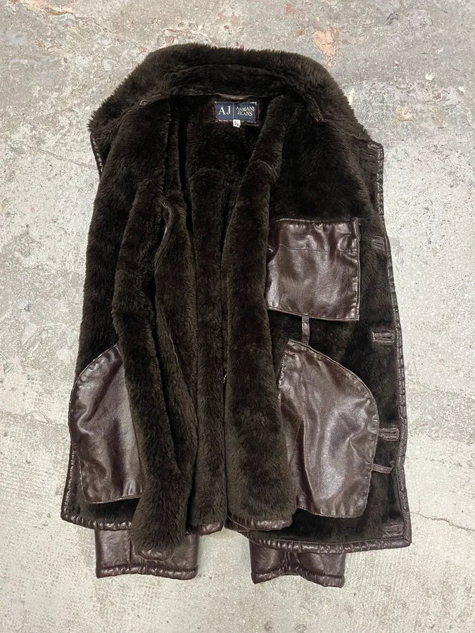 2000s Armani Brown Shearling Leather Jacket (L) 4