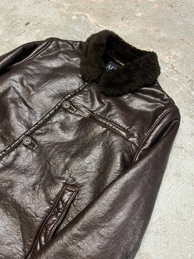 2000s Armani Brown Shearling Leather Jacket (L) 8
