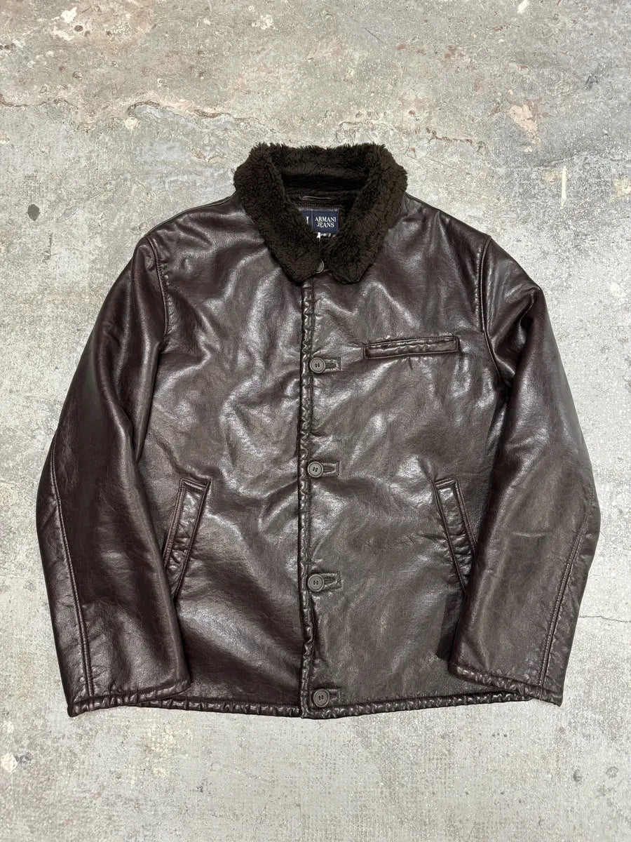 2000s Armani Brown Shearling Leather Jacket (M/L) 0