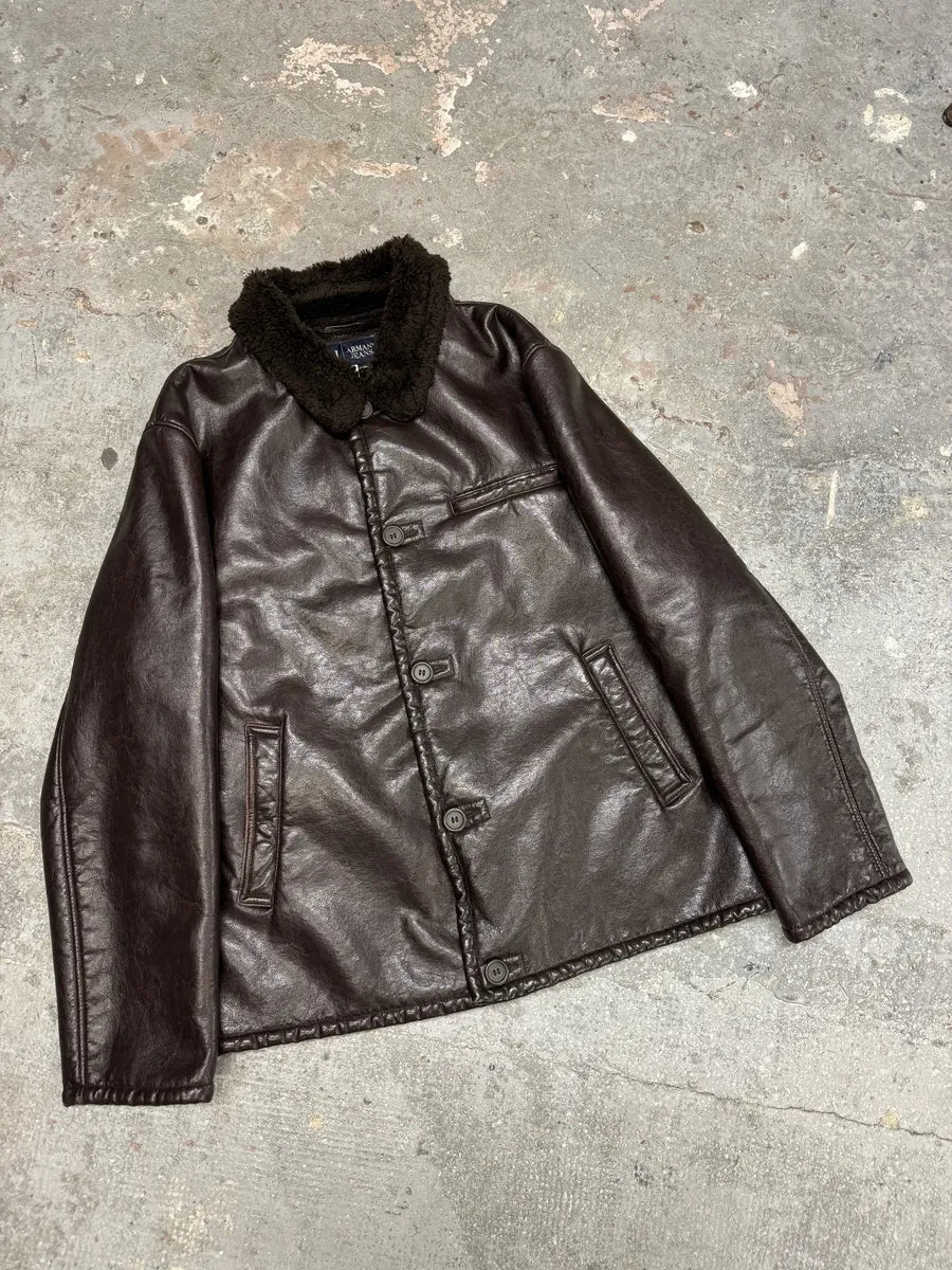 2000s Armani Brown Shearling Leather Jacket (M/L) 2