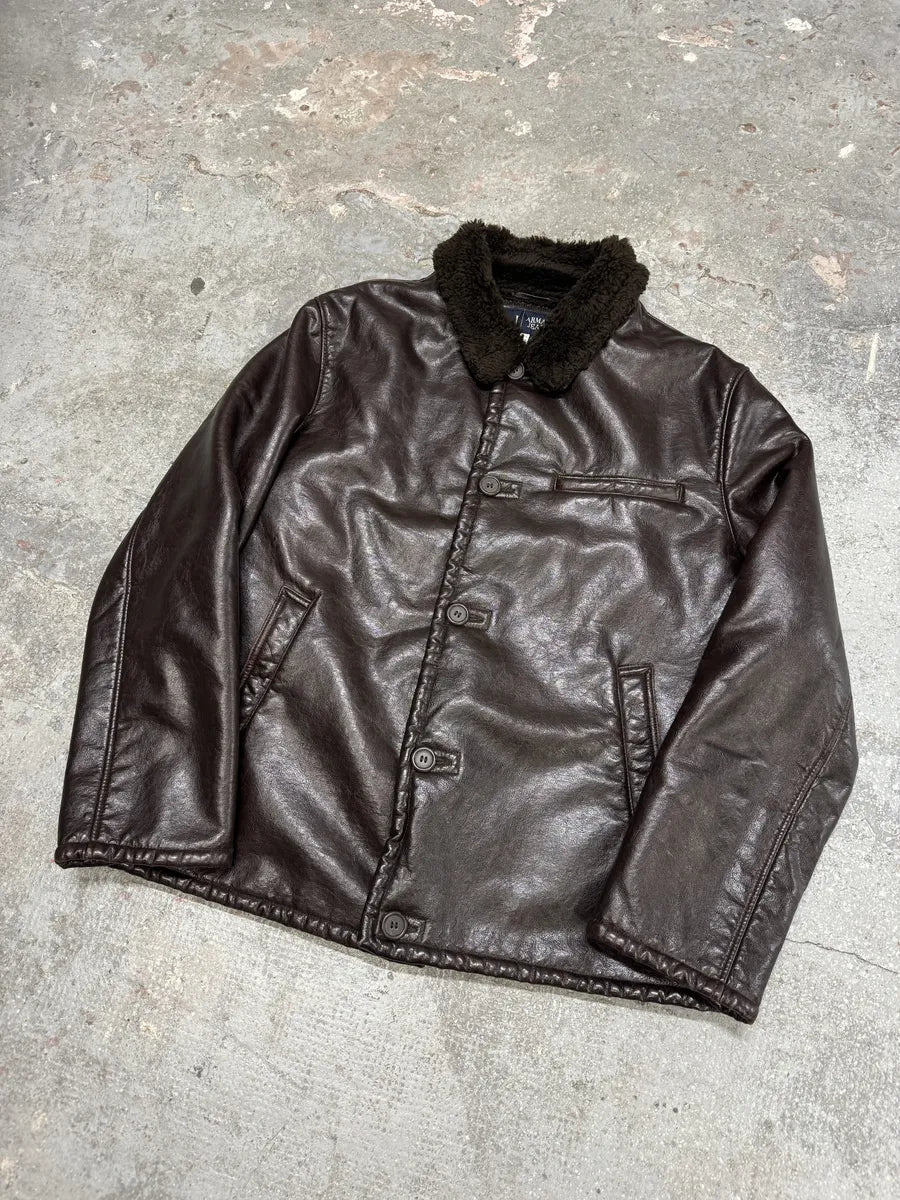 2000s Armani Brown Shearling Leather Jacket (M/L) 7