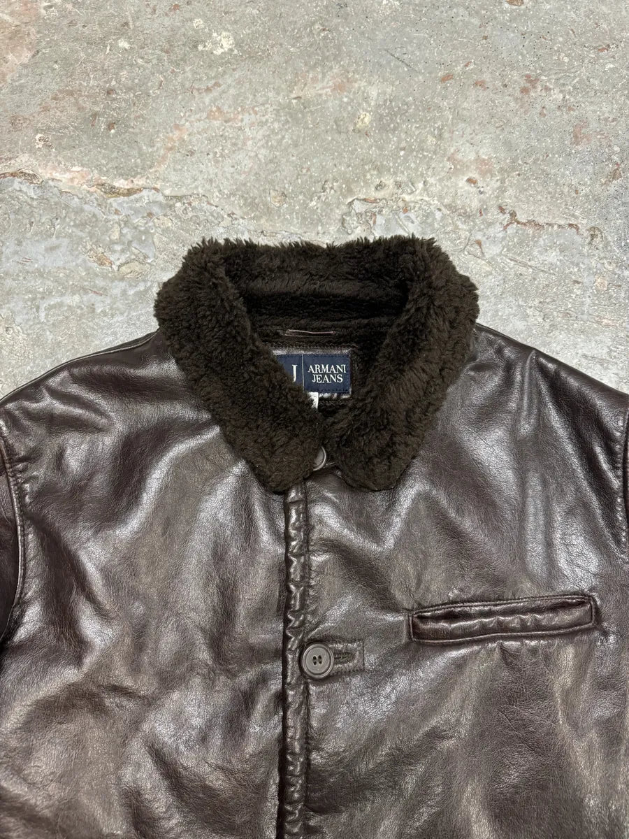 2000s Armani Brown Shearling Leather Jacket (M/L) 8