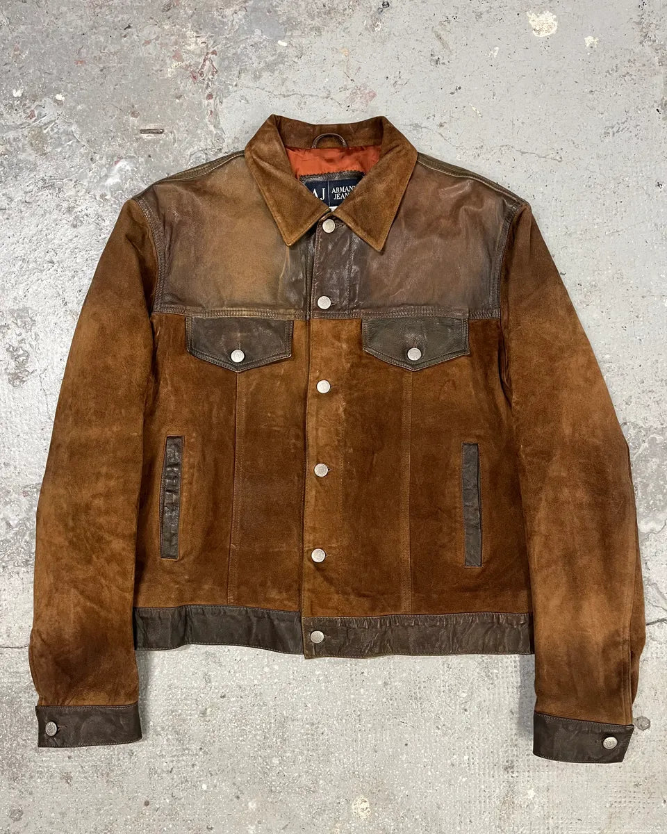 2000s Armani Brown Suede Leather Trucker Jacket (L) 0