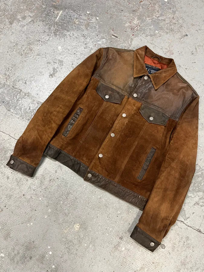 2000s Armani Brown Suede Leather Trucker Jacket (L) 1
