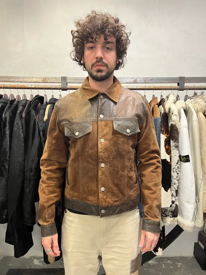 2000s Armani Brown Suede Leather Trucker Jacket (L) 2