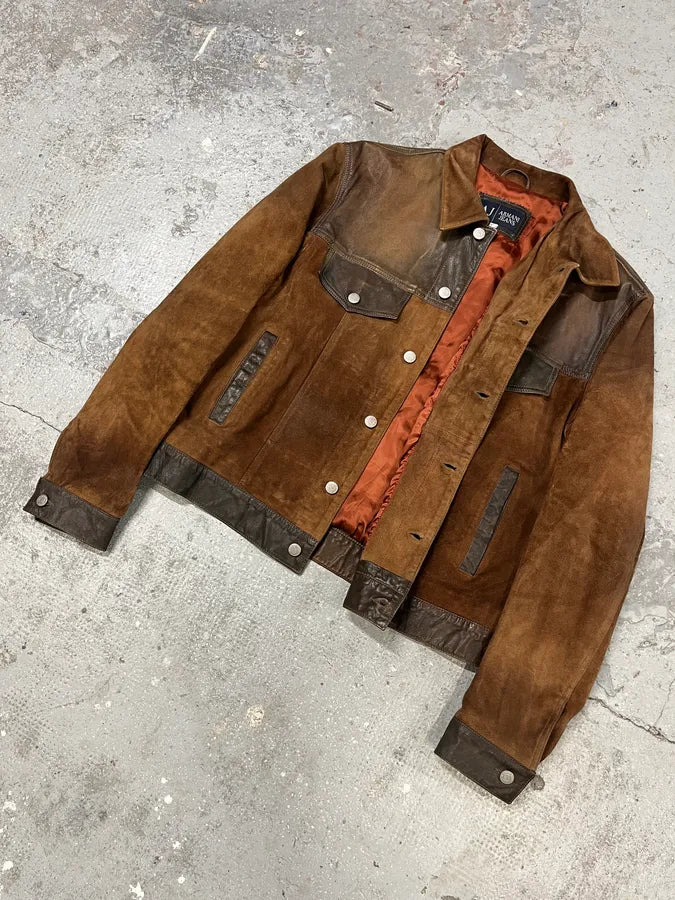 2000s Armani Brown Suede Leather Trucker Jacket (L) 4