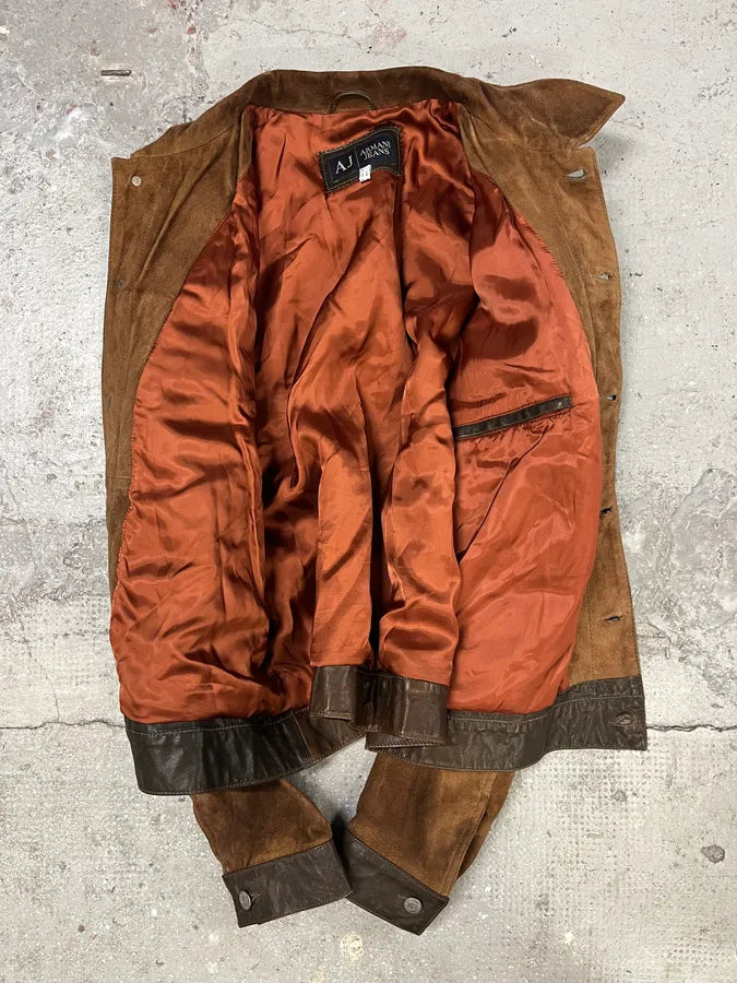 2000s Armani Brown Suede Leather Trucker Jacket (L) 6