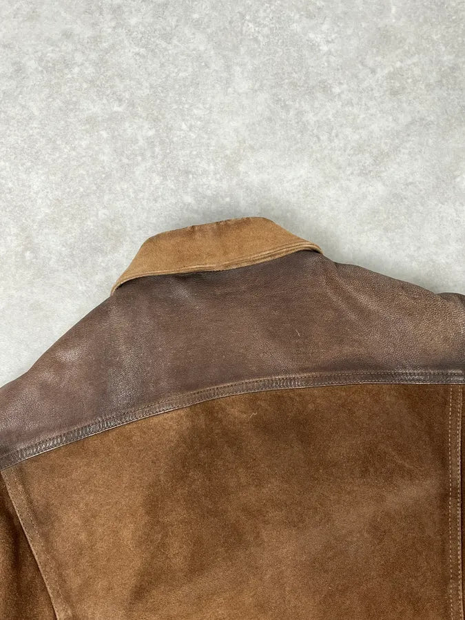 2000s Armani Brown Suede Leather Two Tone Trucker Jacket thTxZtR 6