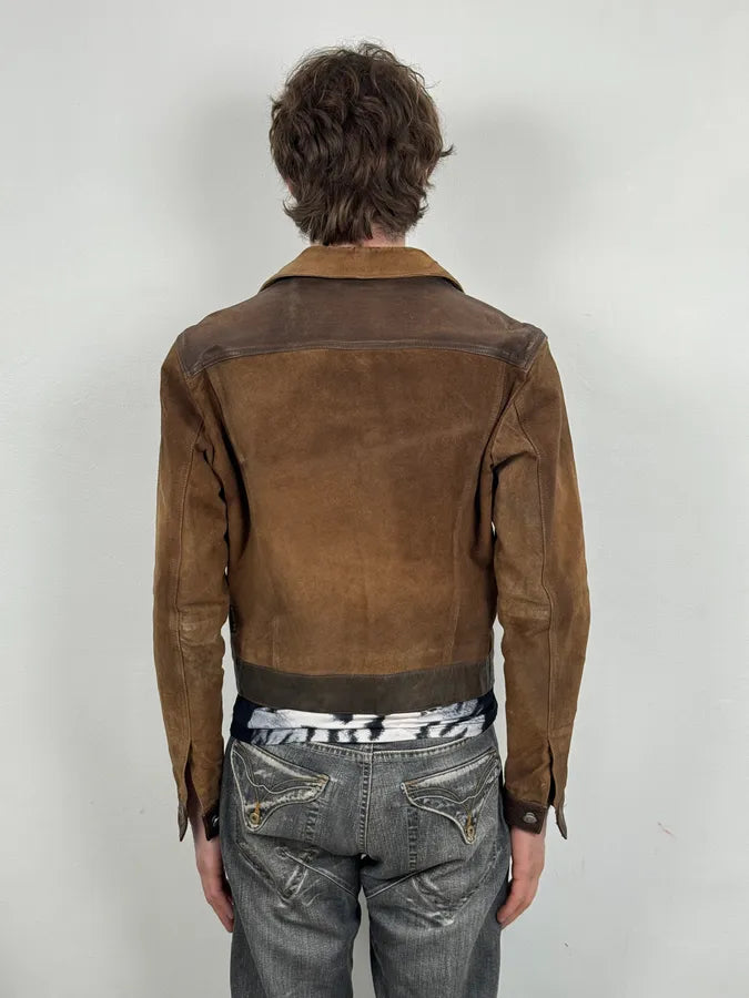 2000s Armani Brown Suede Leather Two Tone Trucker Jacket thTxZtR 1