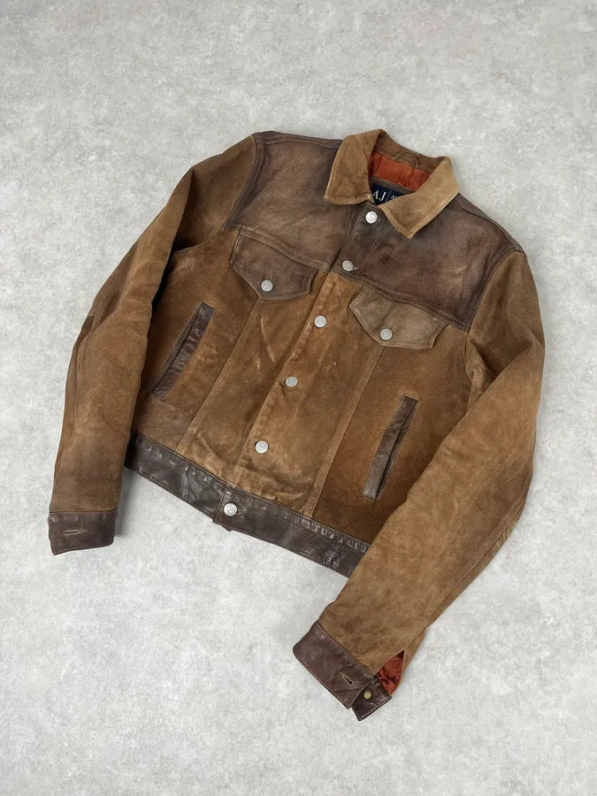 2000s Armani Brown Suede Leather Two Tone Trucker Jacket thTxZtR 4