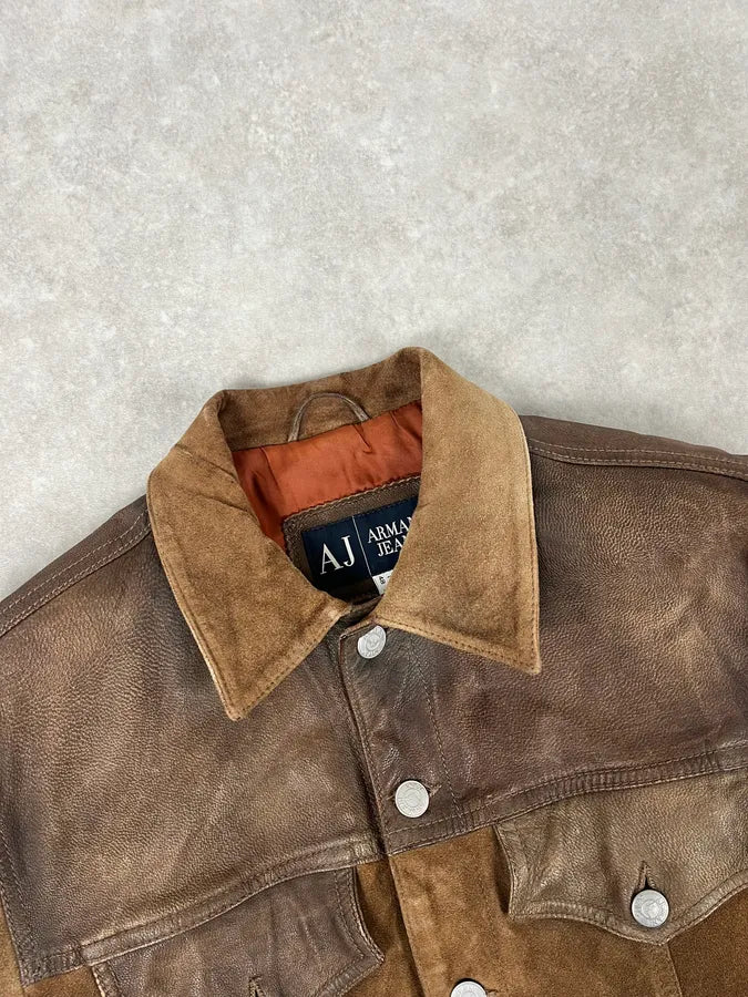2000s Armani Brown Suede Leather Two Tone Trucker Jacket thTxZtR 3