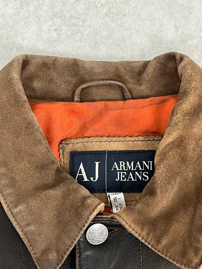 2000s Armani Brown Suede Leather Two Tone Trucker Jacket fxFGCJA 7
