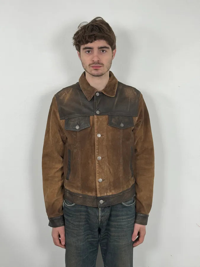 2000s Armani Brown Suede Leather Two Tone Trucker Jacket fxFGCJA 1