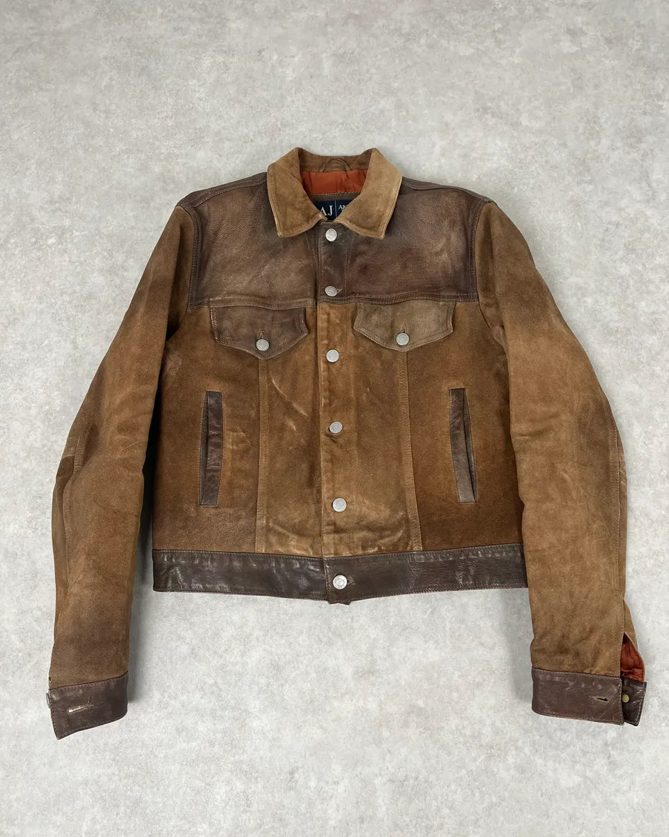 2000s Armani Brown Suede Leather Two Tone Trucker Jacket thTxZtR 2