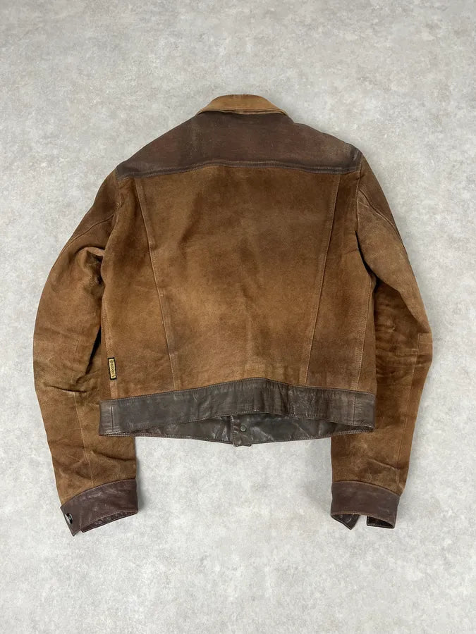 2000s Armani Brown Suede Leather Two Tone Trucker Jacket thTxZtR 5