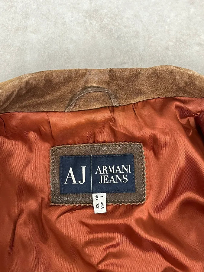 2000s Armani Brown Suede Leather Two Tone Trucker Jacket thTxZtR 10