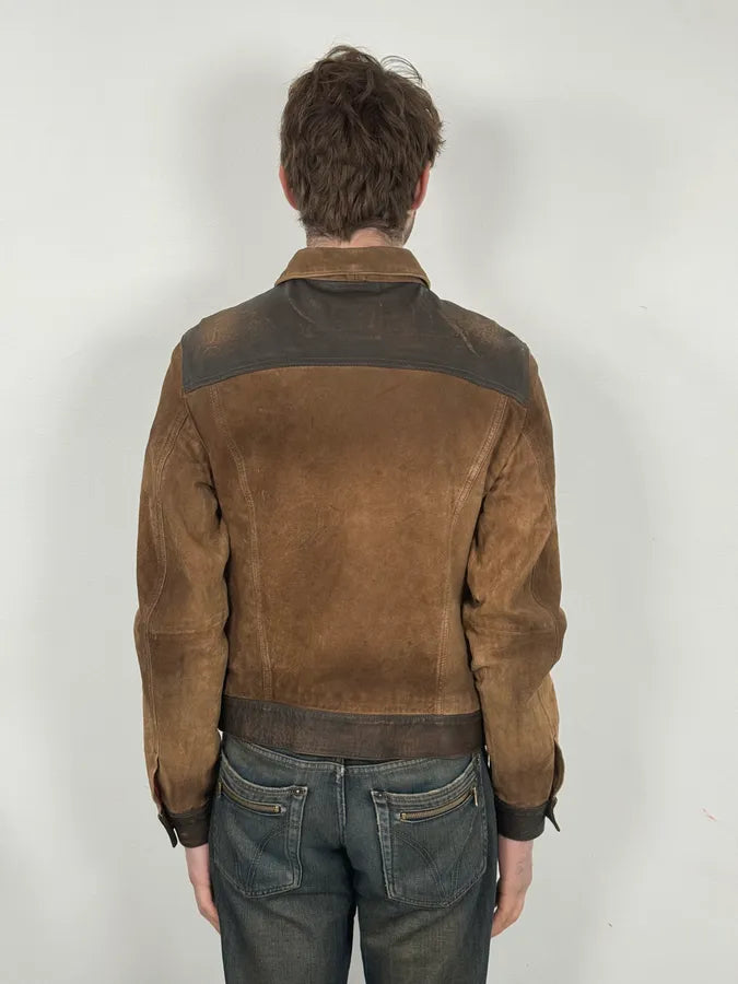 2000s Armani Brown Suede Leather Two Tone Trucker Jacket fxFGCJA 2