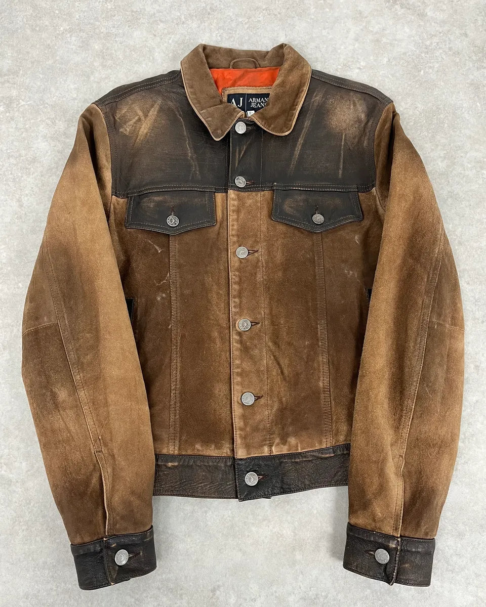 2000s Armani Brown Suede Leather Two Tone Trucker Jacket fxFGCJA 0