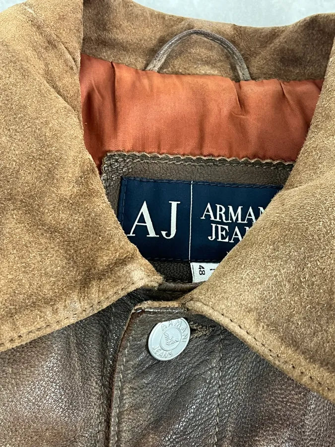 2000s Armani Brown Suede Leather Two Tone Trucker Jacket thTxZtR 9