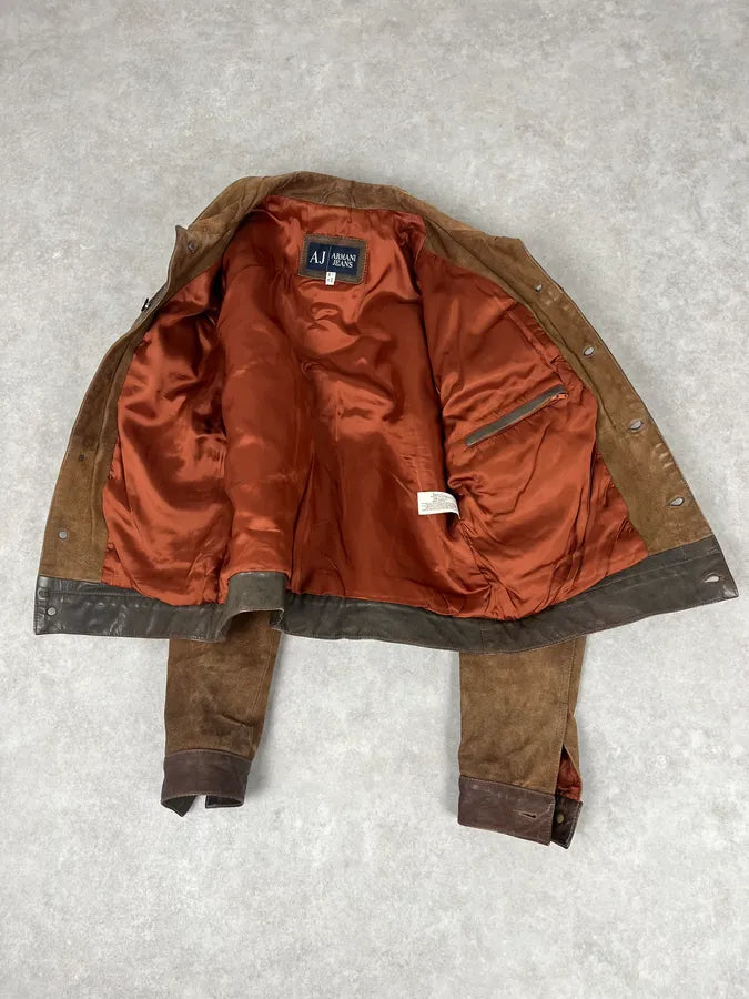 2000s Armani Brown Suede Leather Two Tone Trucker Jacket thTxZtR 7