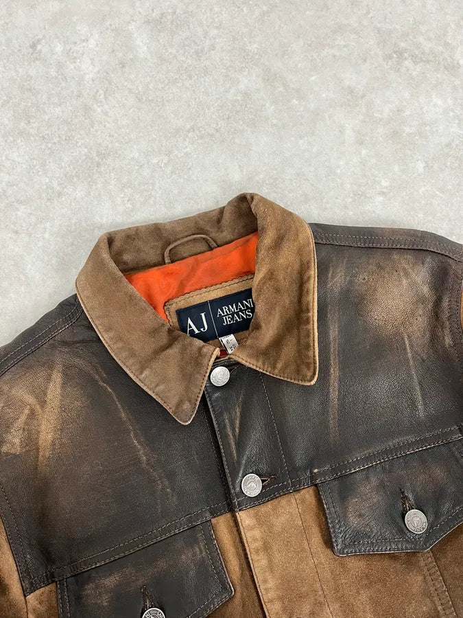 2000s Armani Brown Suede Leather Two Tone Trucker Jacket fxFGCJA 4