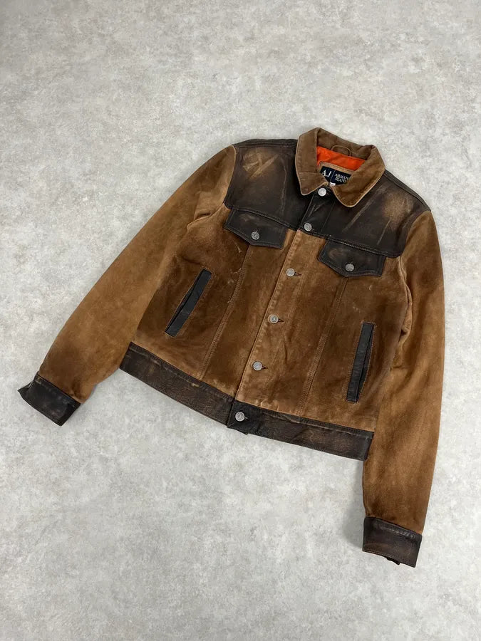 2000s Armani Brown Suede Leather Two Tone Trucker Jacket fxFGCJA 3
