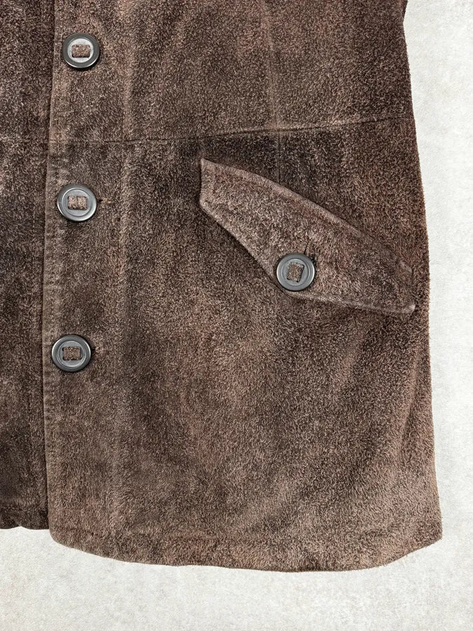 2000s Armani Brown Texture Leather Buttoned Jacket PoSvUkk 8