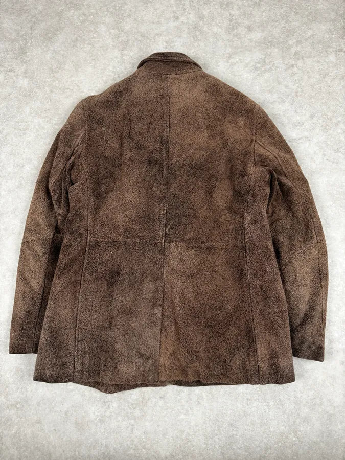 2000s Armani Brown Texture Leather Buttoned Jacket PoSvUkk 3