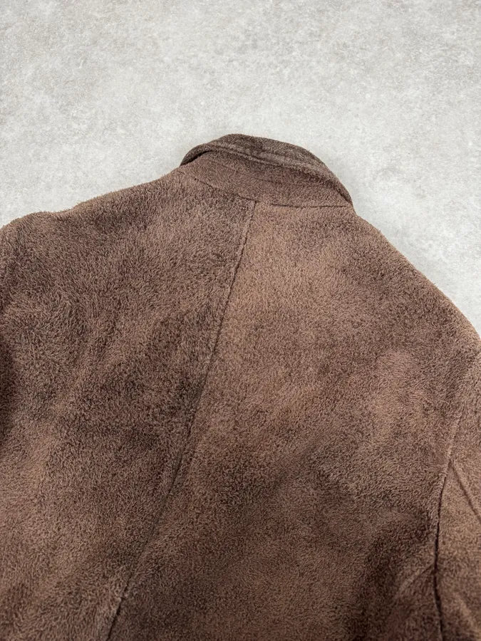 2000s Armani Brown Texture Leather Buttoned Jacket PoSvUkk 5