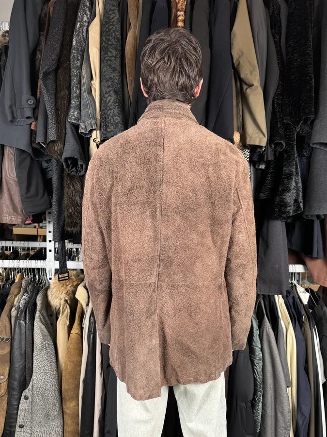 2000s Armani Brown Texture Leather Buttoned Jacket PoSvUkk 2