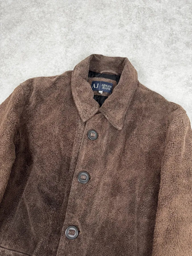 2000s Armani Brown Texture Leather Buttoned Jacket PoSvUkk 4