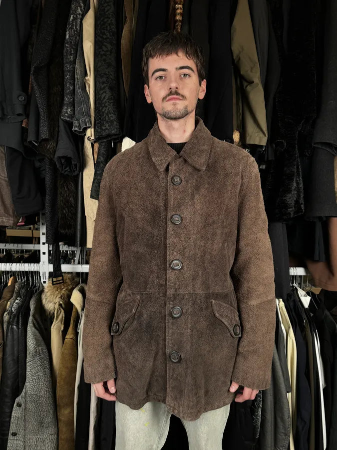 2000s Armani Brown Texture Leather Buttoned Jacket PoSvUkk 1