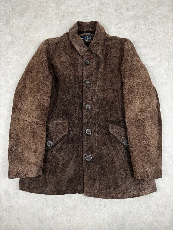 2000s Armani Brown Texture Leather Buttoned Jacket PoSvUkk 0