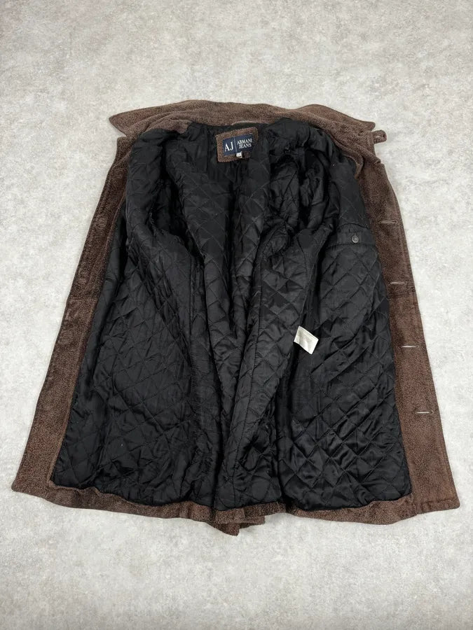 2000s Armani Brown Texture Leather Buttoned Jacket PoSvUkk 6