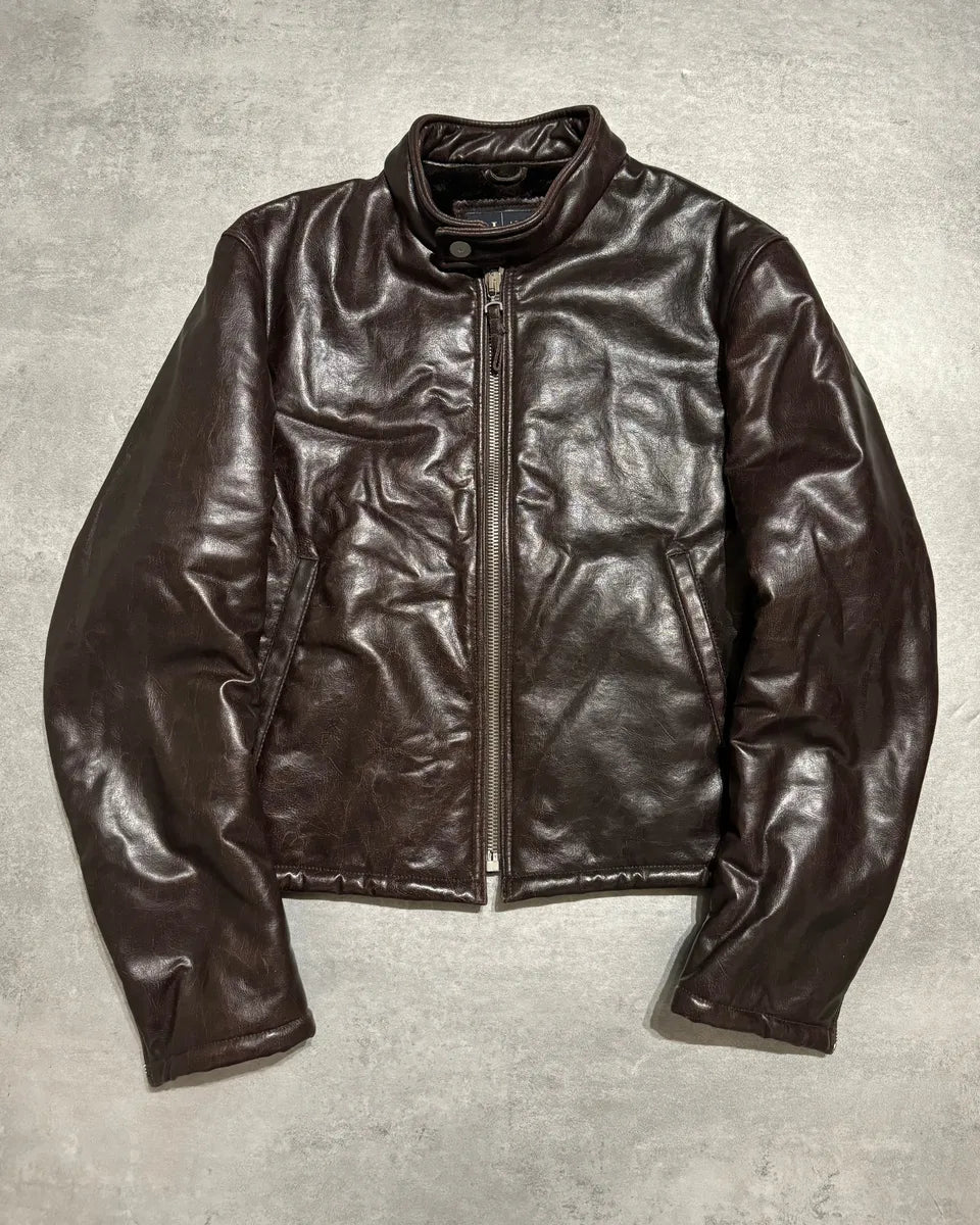 2000s Armani Brut Brown Robust Biker Leather Jacket (M) 0