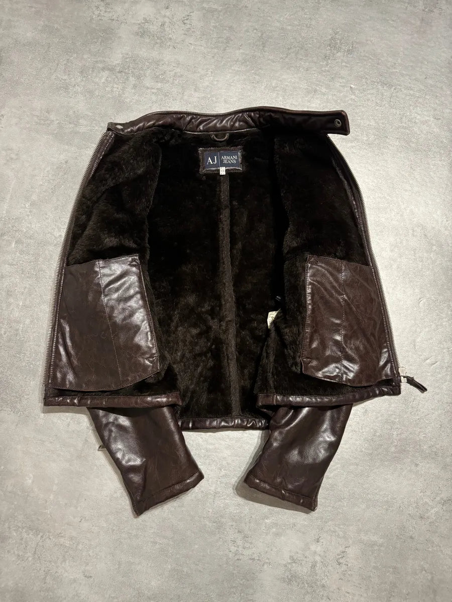 2000s Armani Brut Brown Robust Biker Leather Jacket (M) 2