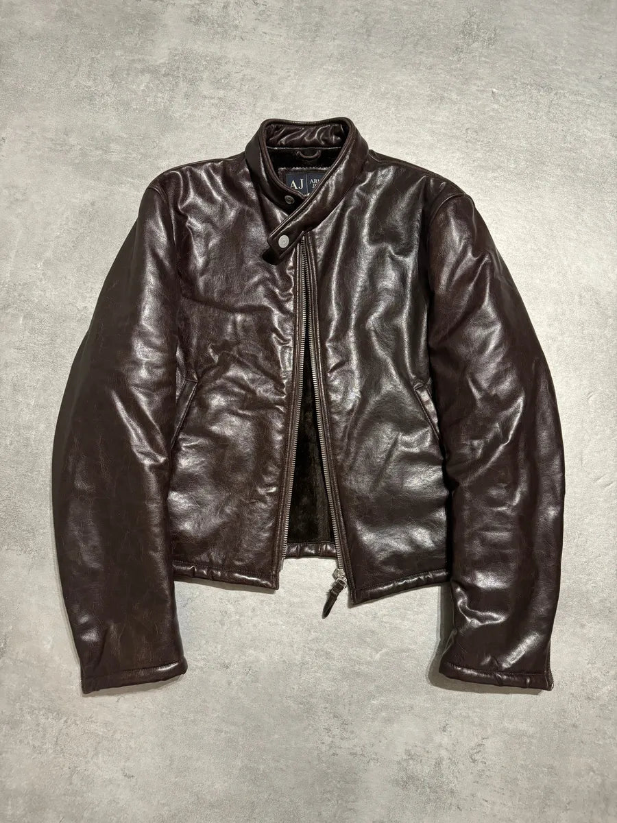 2000s Armani Brut Brown Robust Biker Leather Jacket (M) 3