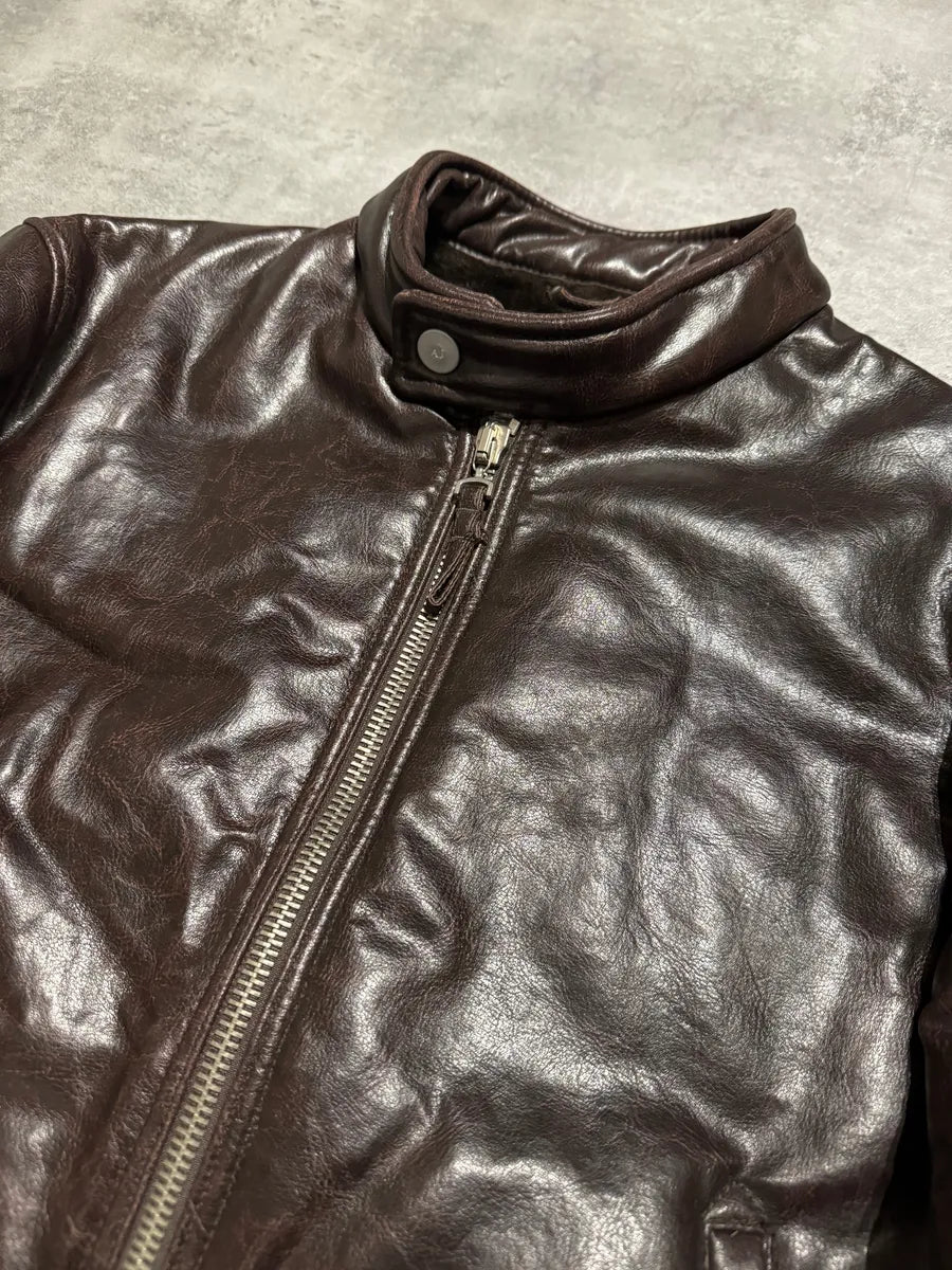 2000s Armani Brut Brown Robust Biker Leather Jacket (M) 7