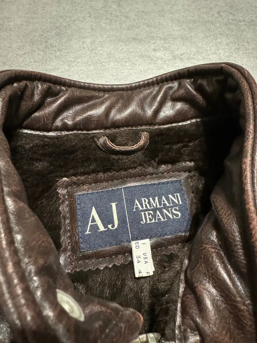 2000s Armani Brut Brown Robust Biker Leather Jacket (M) 8