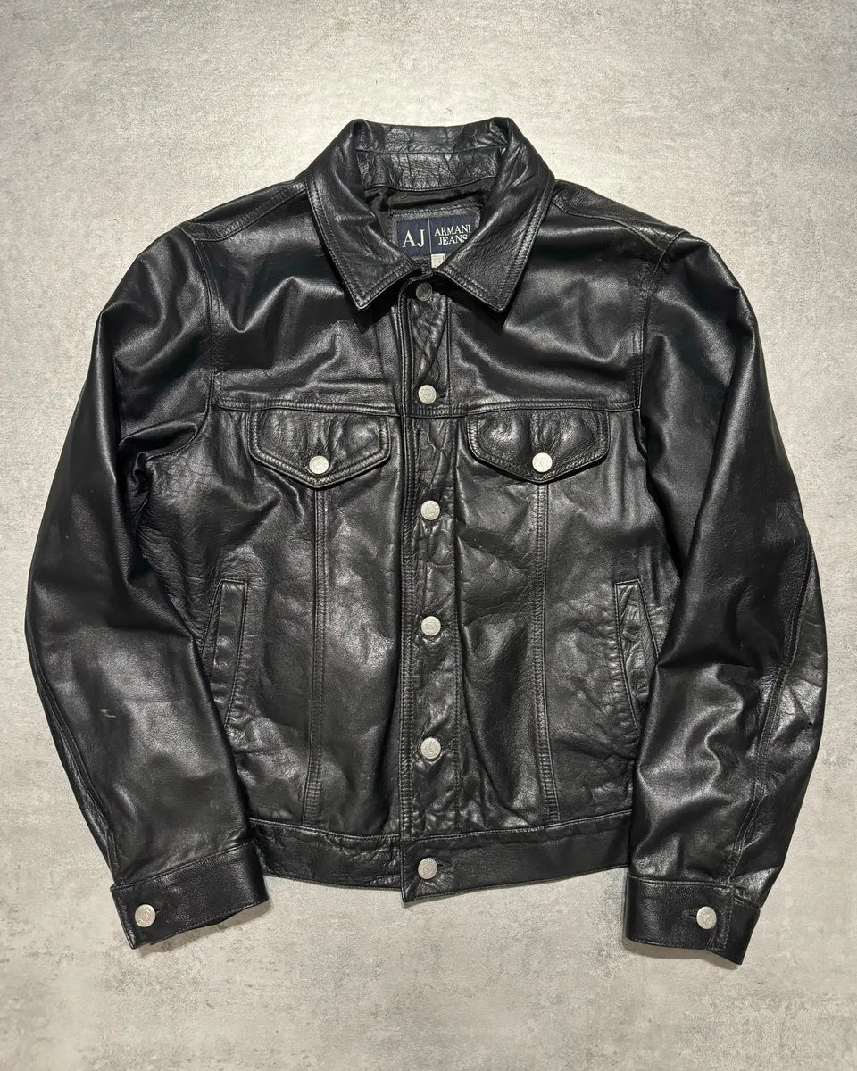 2000s Armani Buttoned Black Leather Jacket RpTRnLw 0