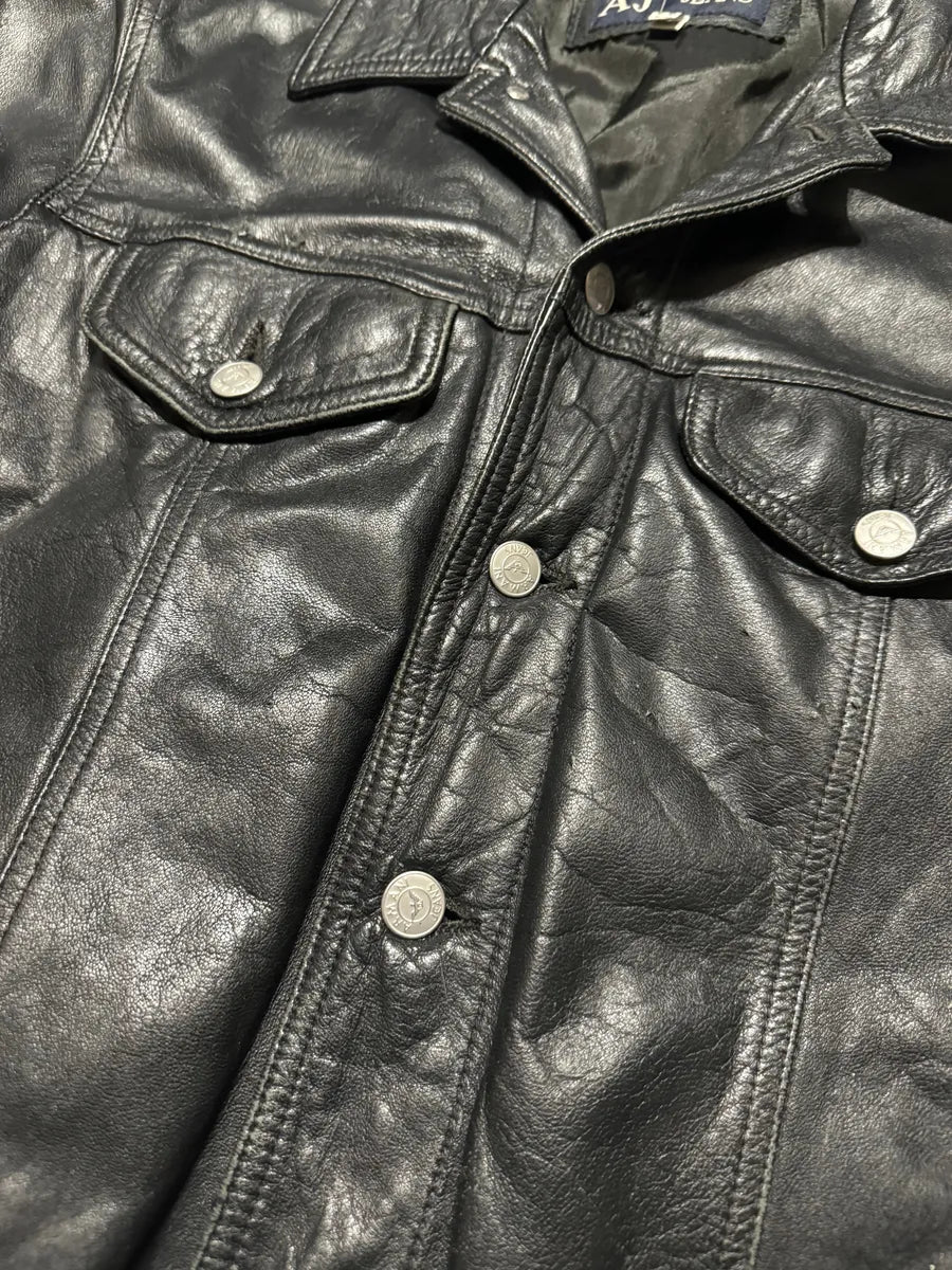 2000s Armani Buttoned Black Leather Jacket RpTRnLw 10