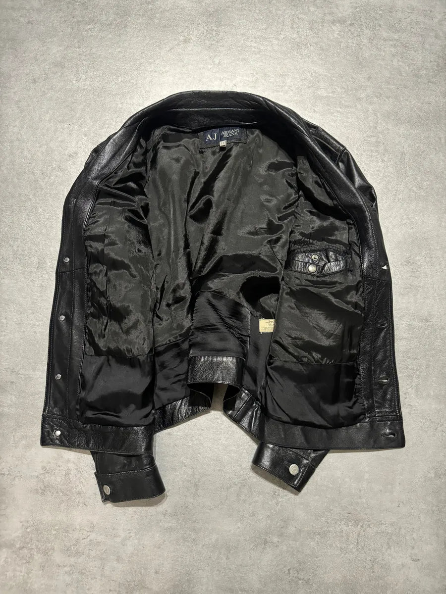 2000s Armani Buttoned Black Leather Jacket RpTRnLw 5