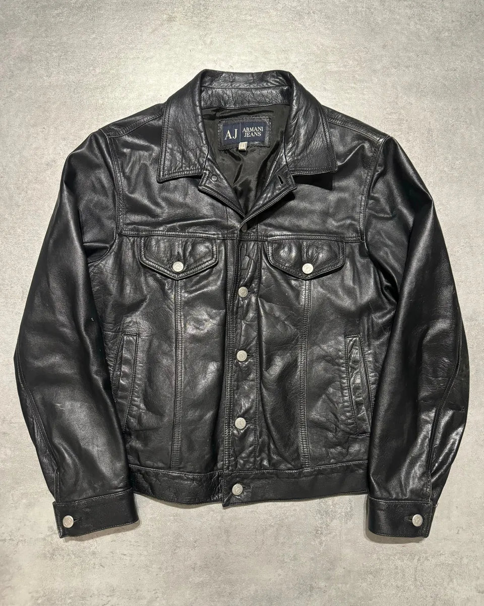 2000s Armani Buttoned Black Leather Jacket RpTRnLw 6