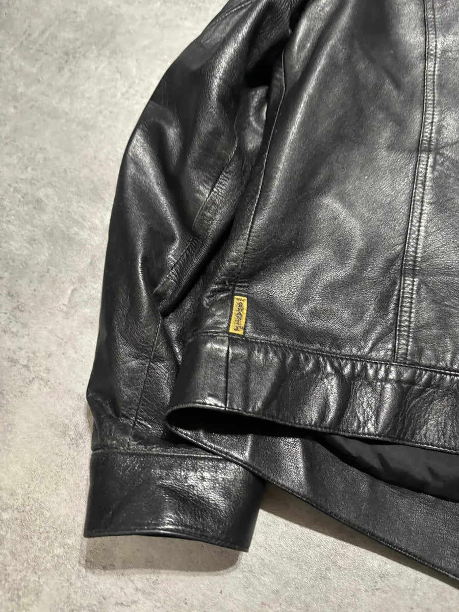 2000s Armani Buttoned Black Leather Jacket RpTRnLw 8