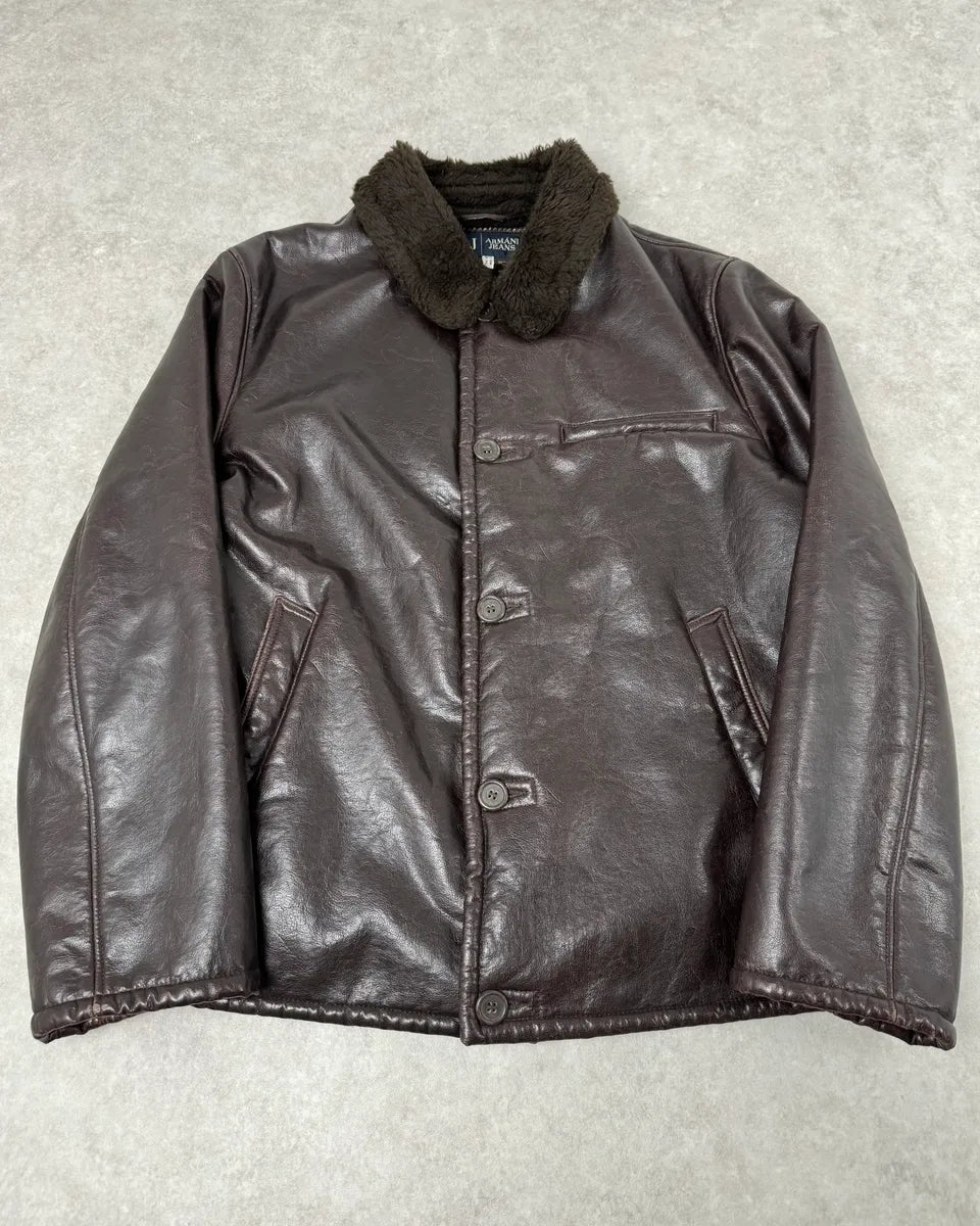 2000s Armani Buttoned Faux Leather Collar Brown Jacket JDkITbX 0