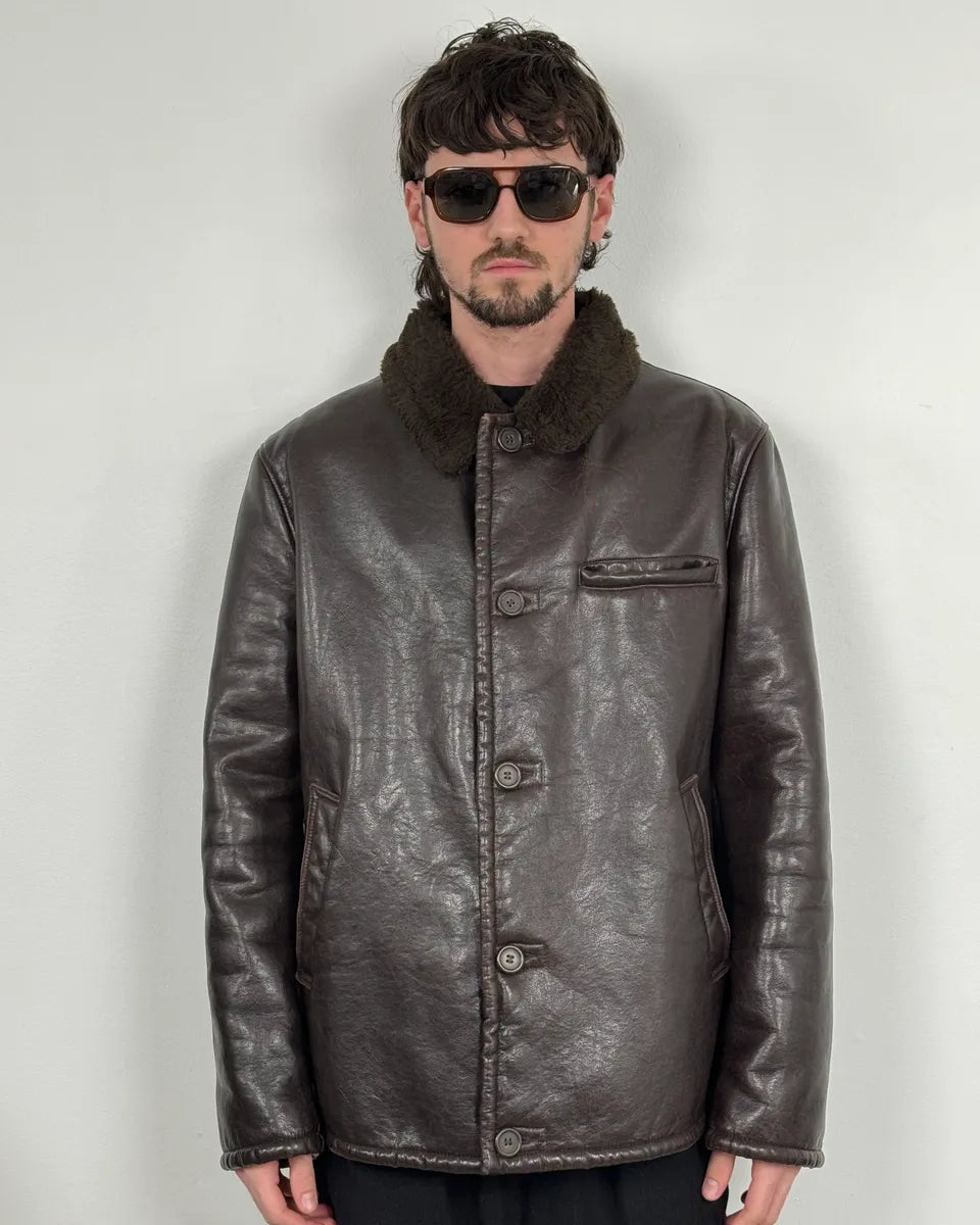 2000s Armani Buttoned Faux Leather Collar Brown Jacket JDkITbX 1