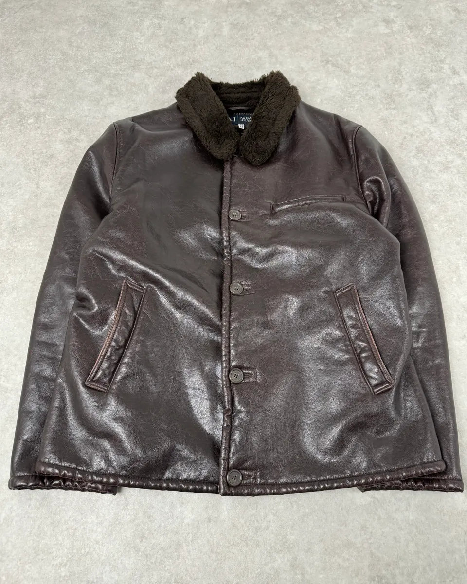 2000s Armani Buttoned Faux Leather Collar Brown Jacket JDkITbX 3