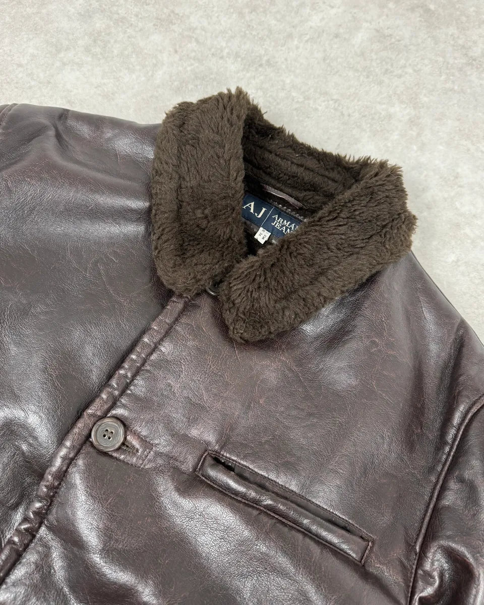 2000s Armani Buttoned Faux Leather Collar Brown Jacket JDkITbX 4